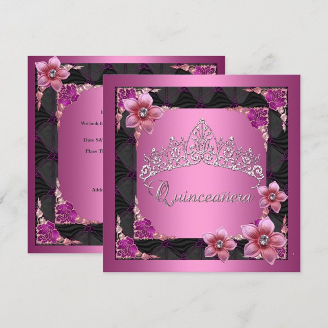 Invitation Quinceanera 15e anniversaire fête rose Tiara Noir (Devant / Derrière)