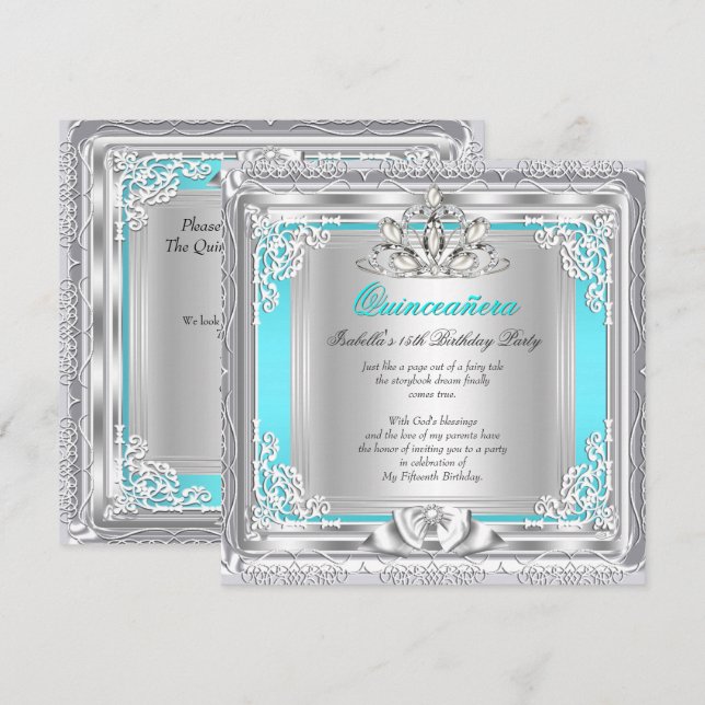 Invitation Quinceanera 15e anniversaire fête Turquoise Argent (Devant / Derrière)