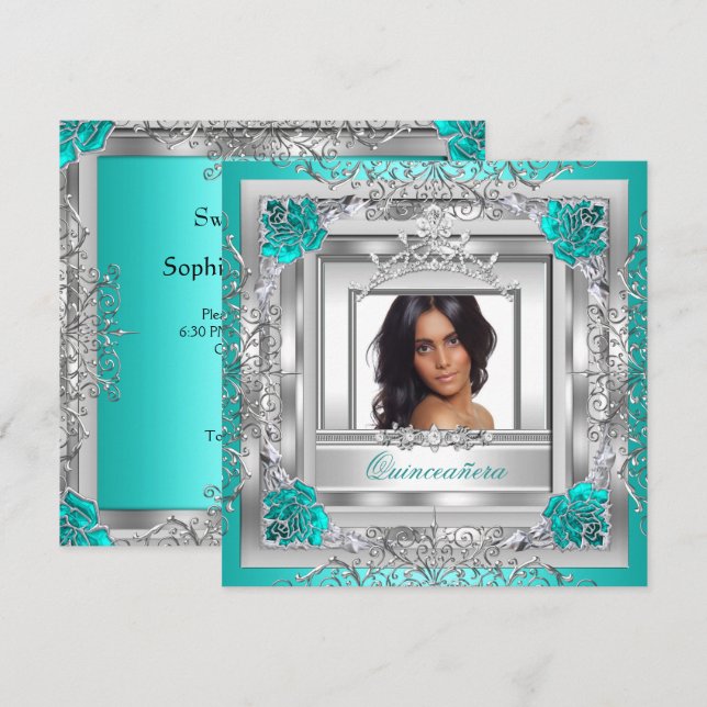 Invitation Quinceañera 15e anniversaire fête Turquoise Silver (Devant / Derrière)