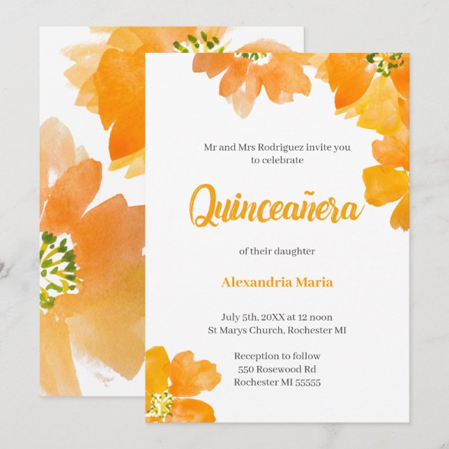 Invitation Quinceanera 15e anniversaire Floral (Devant / Derrière)