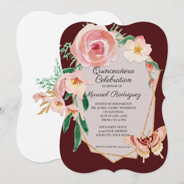 Invitation Quinceañera, 15e anniversaire Floral rose avec pap (Devant / Derrière)