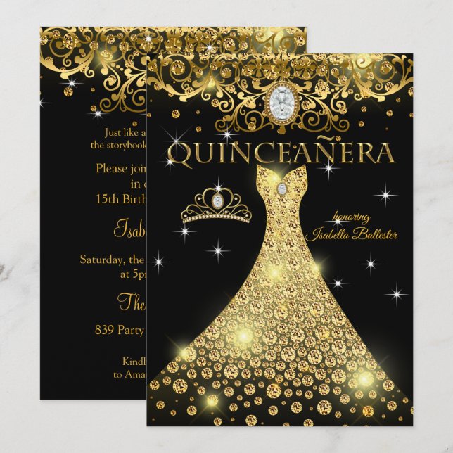 Invitation Quinceanera 15e anniversaire Gold Black Tiara (Devant / Derrière)