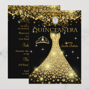 Invitation Quinceanera 15e anniversaire Gold Black Tiara