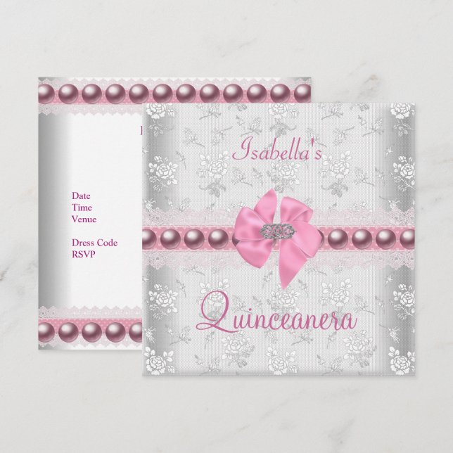 Invitation Quinceanera 15e anniversaire jolie dentelle rose B (Devant / Derrière)