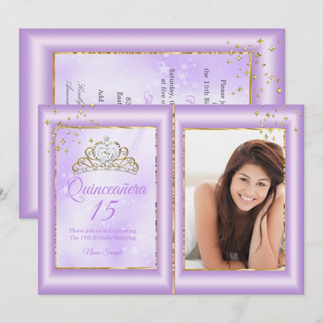 Invitation Quinceanera 15e anniversaire Lilac Purple Gold Pho (Devant / Derrière)