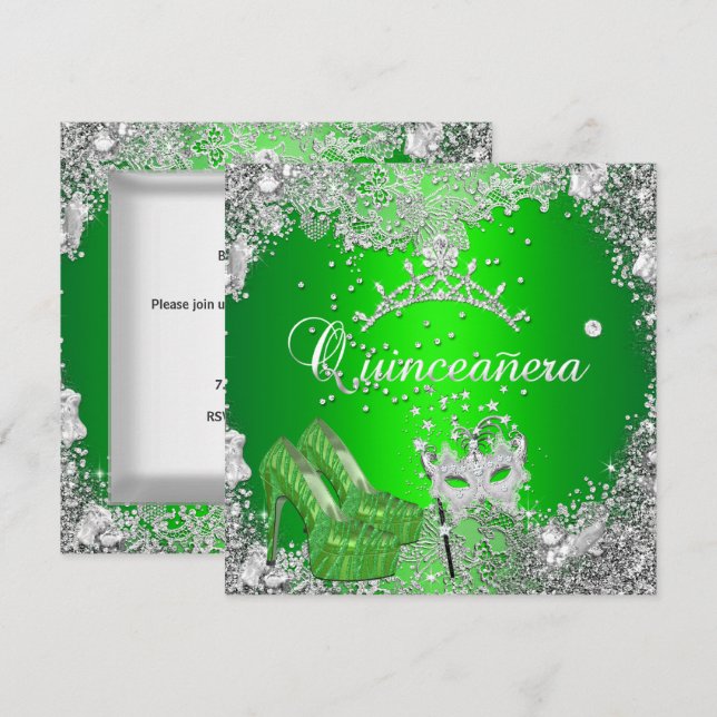 Invitation Quinceanera 15e Anniversaire Lime Masque d'argent  (Devant / Derrière)