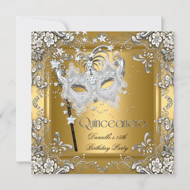 Invitation Quinceanera 15e Anniversaire Masquerade Argent Or (Devant)