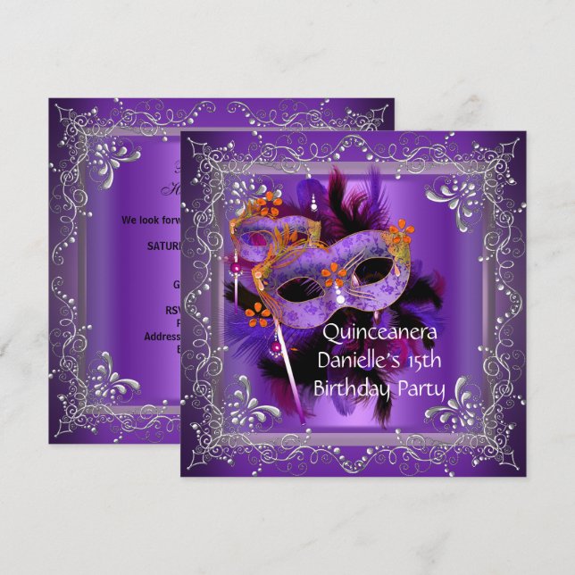Invitation Quinceanera 15e anniversaire Masquerade Masque Mas (Devant / Derrière)