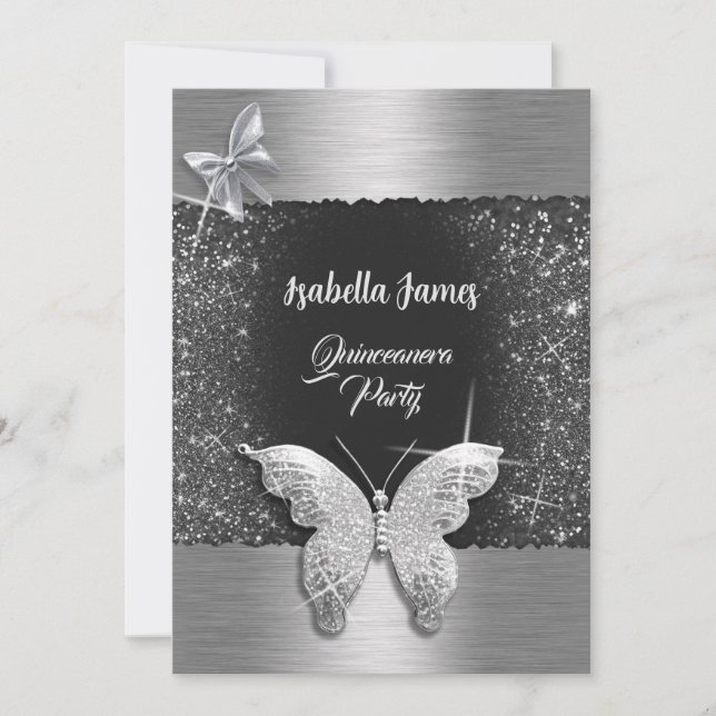 Invitation Quinceañera 15e anniversaire noir argent feuille c (Devant)