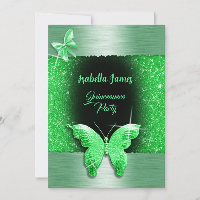 Invitation Quinceañera 15e anniversaire noir vert feuille lux (Devant)