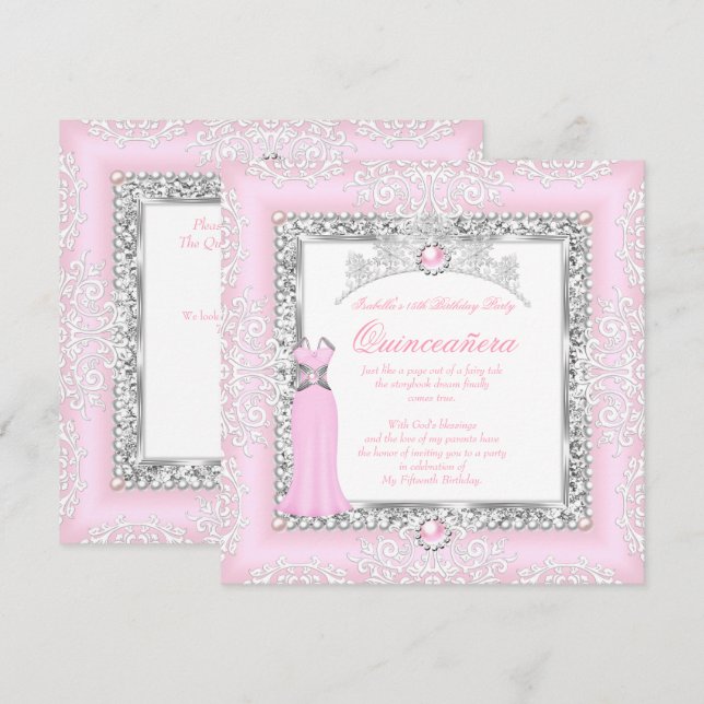 Invitation Quinceanera 15e anniversaire Pearl Lace rose clair (Devant / Derrière)