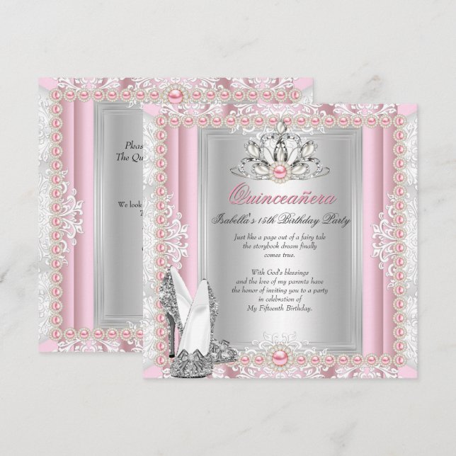 Invitation Quinceanera 15e anniversaire Pearl Lumière talons  (Devant / Derrière)