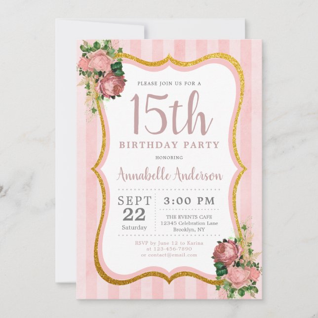 Invitation Quinceanera 15e anniversaire Pink Floral Gold Part (Devant)