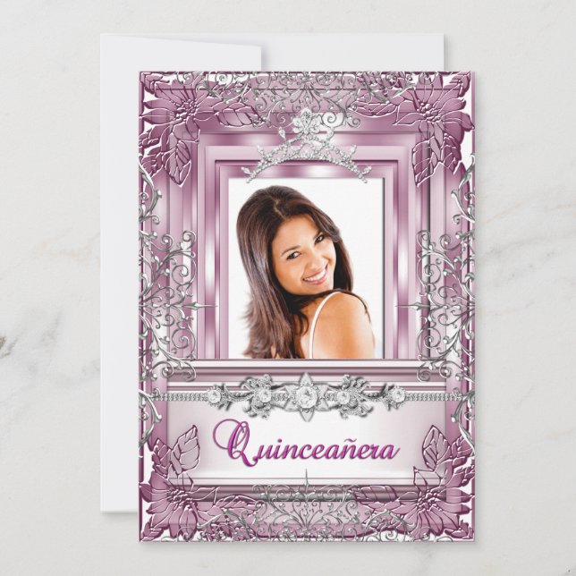 Invitation Quinceañera 15e anniversaire Pink Silver Tiara (Devant)