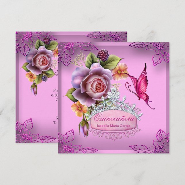Invitation Quinceañera 15e anniversaire PINK Tiara Papillon (Devant / Derrière)