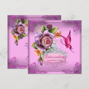 Invitation Quinceañera 15e anniversaire PINK Tiara Papillon