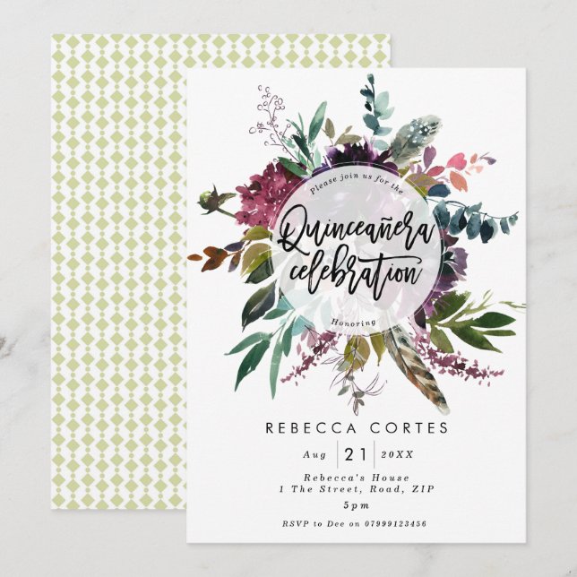 Invitation Quinceanera 15e anniversaire plumes florales (Devant / Derrière)