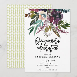 Invitation Quinceanera 15e anniversaire plumes florales