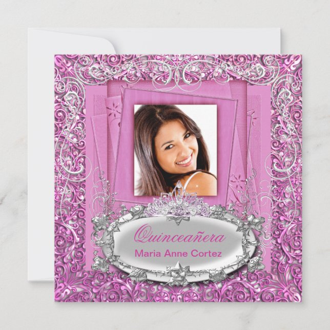 Invitation Quinceañera 15e anniversaire Pretty Rose Argent (Devant)