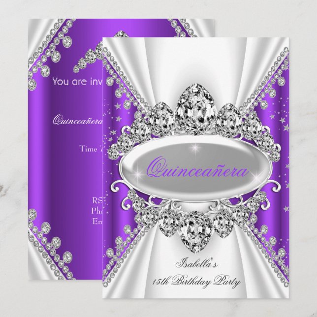 Invitation Quinceanera 15e anniversaire Princesse Purple Tiar (Devant / Derrière)