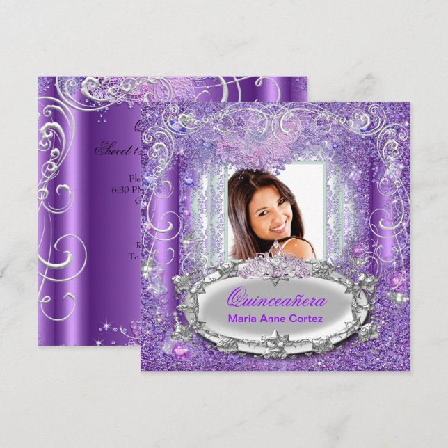 Invitation Quinceañera 15e anniversaire Purple Parties scinti (Devant / Derrière)