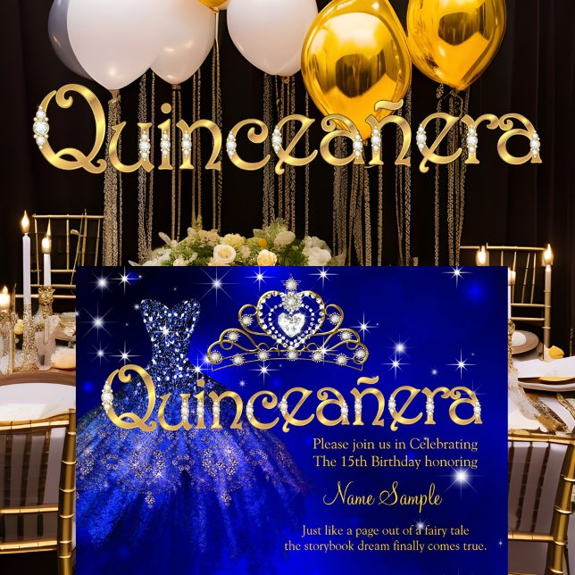 Invitation Quinceanera 15e anniversaire robe bleu foncé Tiara (Créateur téléchargé)