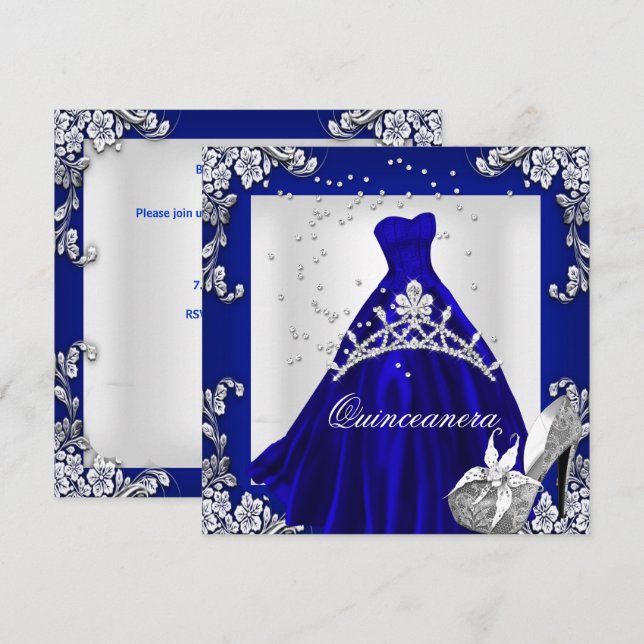 Invitation Quinceanera 15e anniversaire Robe royale bleue (Devant / Derrière)