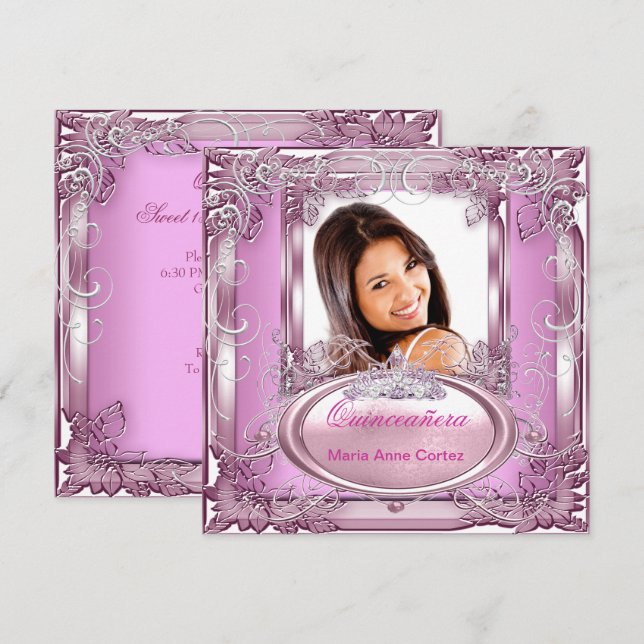 Invitation Quinceañera 15e anniversaire rose blanc argent Tia (Devant / Derrière)