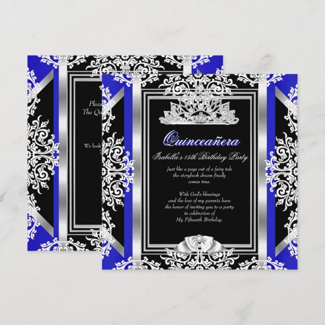 Invitation Quinceanera 15e anniversaire Royal Blue Silver Bla (Devant / Derrière)