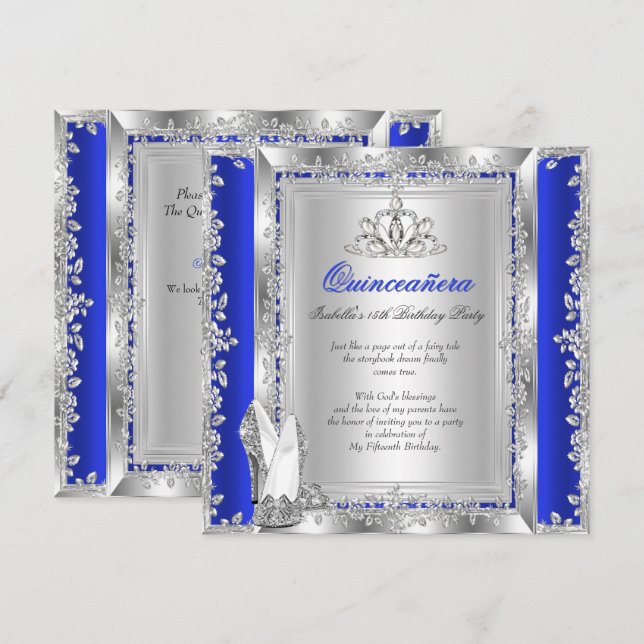 Invitation Quinceanera 15e anniversaire Royal Blue Silver Cha (Devant / Derrière)