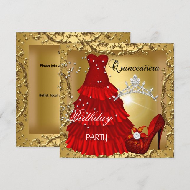Invitation quinceanera 15e Anniversaire Soirée Gold Rouge (Devant / Derrière)
