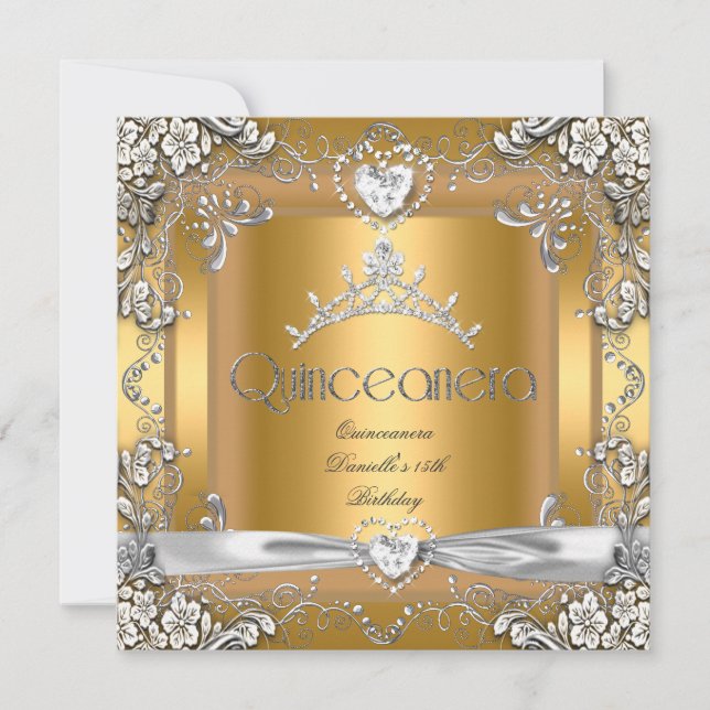 Invitation Quinceanera 15e anniversaire Tiara Gold Silver bla (Devant)