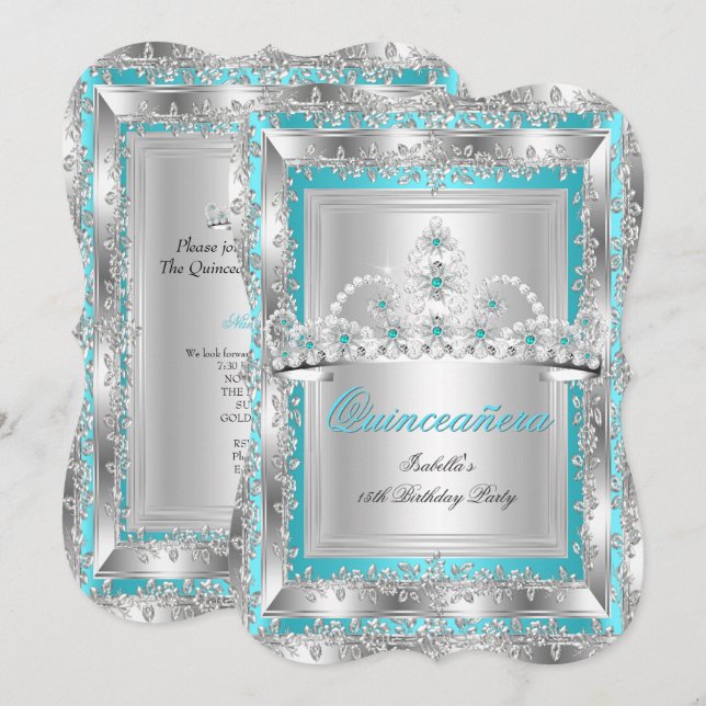 Invitation Quinceanera 15e anniversaire Turquoise Bleu Argent (Devant / Derrière)
