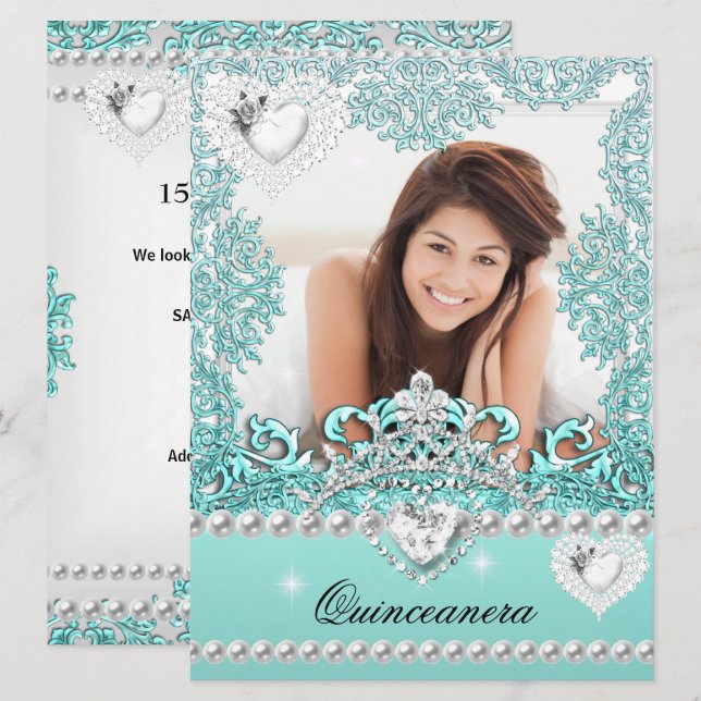 Invitation Quinceanera 15e anniversaire Turquoise bleu argent (Devant / Derrière)