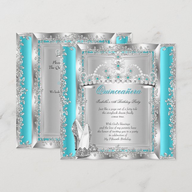 Invitation Quinceanera 15e anniversaire Turquoise Bleu Argent (Devant / Derrière)