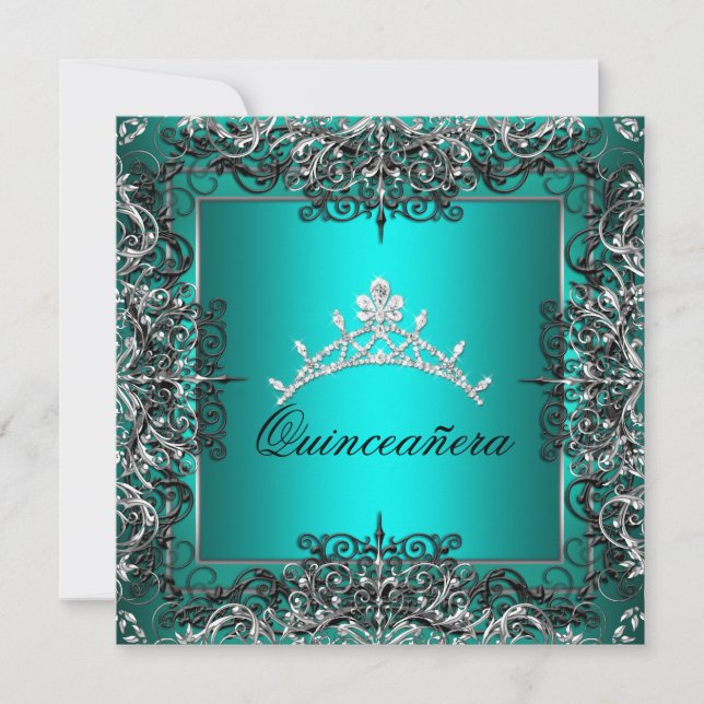 Invitation Quinceanera 15e anniversaire Turquoise bleu noir d (Devant)