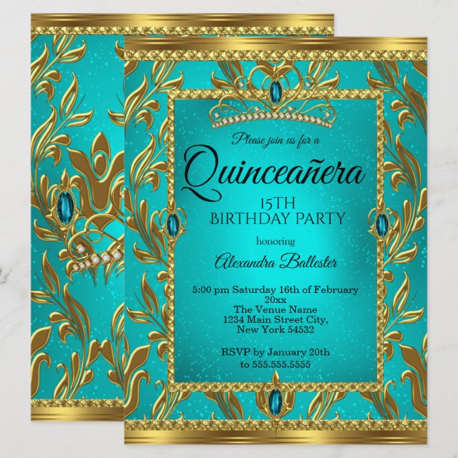 Invitation Quinceanera 15e anniversaire Turquoise Blue Tiara  (Devant / Derrière)