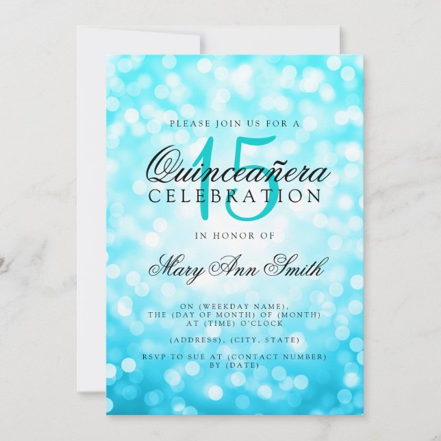 Invitation Quinceanera 15e anniversaire Turquoise Bokeh lumiè (Devant)