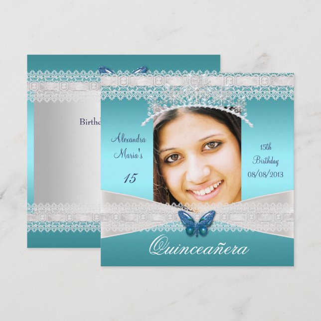 Invitation Quinceañera 15e anniversaire Turquoise dentelle bl (Devant / Derrière)