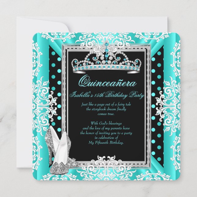 Invitation Quinceanera 15e anniversaire Turquoise points bleu (Devant)