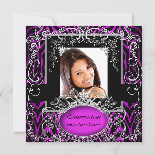 Invitation Quinceanera 15e anniversaire violet noir blanc zèb (Devant)