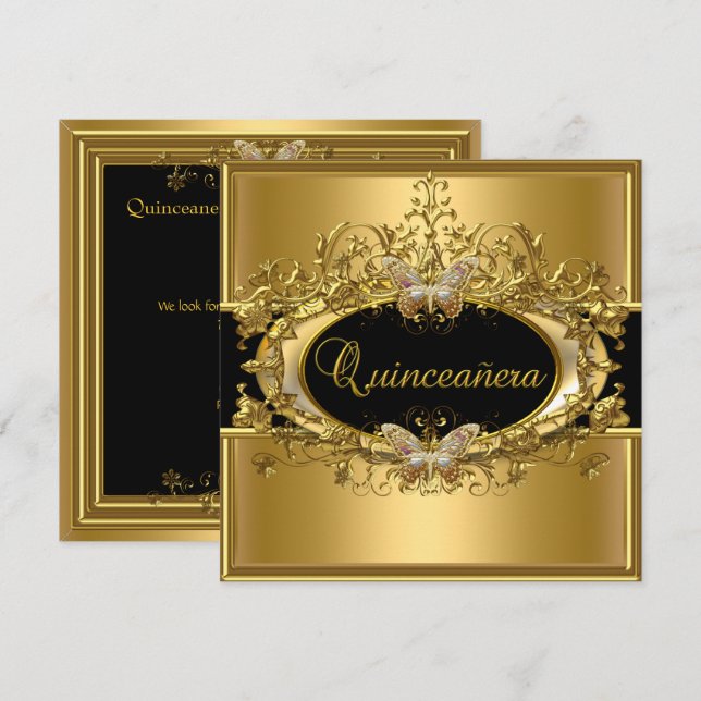 Invitation Quinceanera 15e Black Girls Gold (Devant / Derrière)