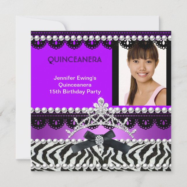 Invitation Quinceanera 15e Black violet Zebra Pearl Tiara (Devant)