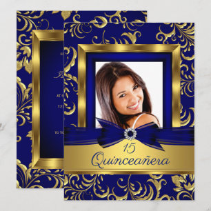 Invitation Quinceanera 15e Bleu Nuit Or Floral Photo