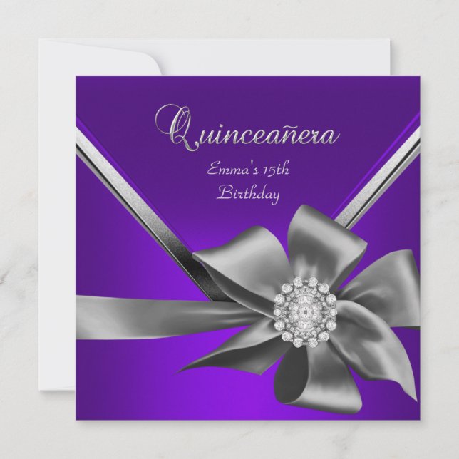 Invitation Quinceanera 15e Bow gris argenté bleu violet (Devant)