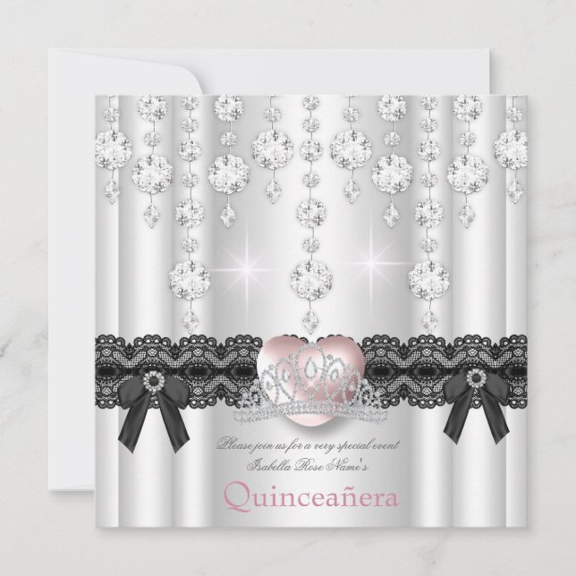 Invitation Quinceanera 15e Carreau de Coeur d'Argent Rose (Devant)