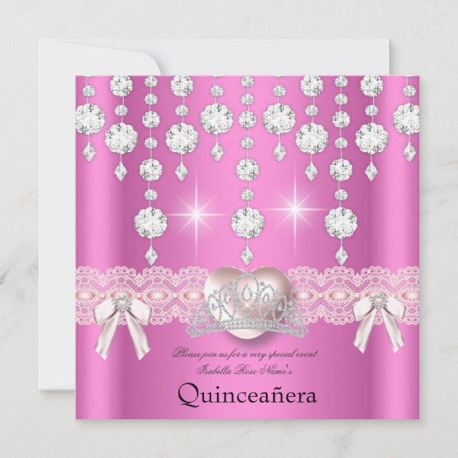 Invitation Quinceanera 15e Carreau de Coeur d'Argent Rose 3 (Devant)