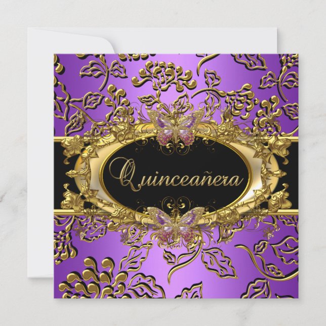 Invitation Quinceanera 15e Damask Purple Gold Black (Devant)