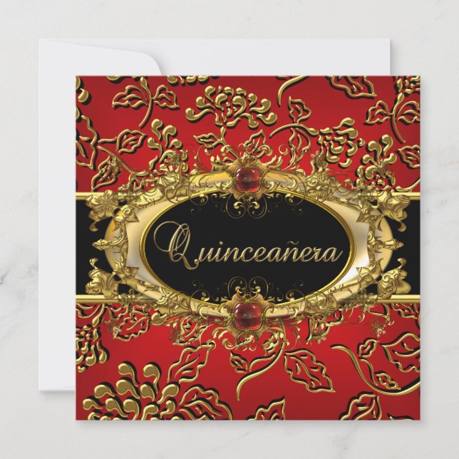 Invitation Quinceanera 15e Damask Rouge Or Noir (Devant)