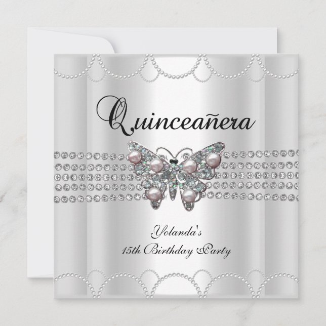 Invitation Quinceanera 15e dentelle perle de papillon blanc (Devant)